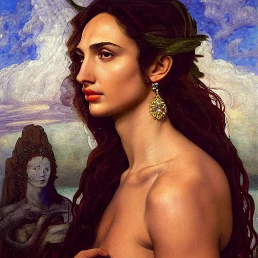 Image similar to Head and shoulders masterpiece portrait oil painting of the beautiful goddess Gal Gadot as Artemisa, she is wearing roman clothes and a surreal jewelry, her hair is natural disheveled, she is approaching heaven over the clouds, naturalism, dramatic lighting, high-detailed oil painting by Ilya Repin, Michelangelo da Caravaggio, William Blake, Alex Grey and Beksinski, trending on Artsation, hystorical painting, naturalism, masterpiece, 4k, 8k,