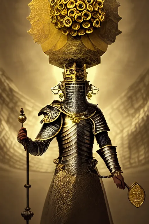 Image similar to hyperdetailed matte illustration of a knight wearing an ornate gold headpiece and holding a flower with a map of the collective subconscious in the background by octane render