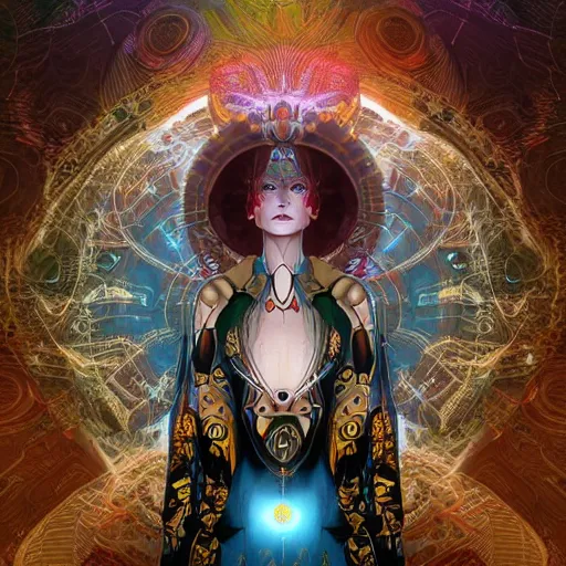 Image similar to portrait of a beautiful goddess future metaverse angel Ayahuasca tech shaman warrior, 2D cartoon, visionary art, symmetric, Magick symbols, holy halo, shipibo patterns, sci-fi, concept art, trending on art station, 8k digital art, by Mandy Jurgens, fantasy portrait art, anime