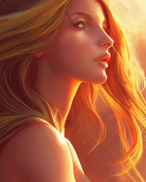 Image similar to summer vibes, beautiful sun tanned woman, flowy golden hair, sun, summer, cinematic lighting, highly detailed, digital painting, trending on artstation, pixiv, concept art, sharp focus, illustration, art by ross tran and wlop