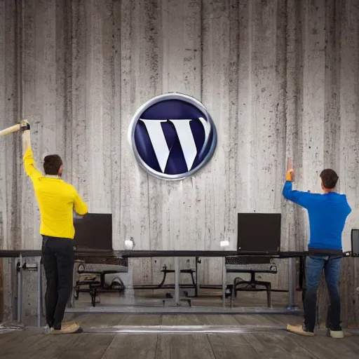 Image similar to developers sitting in front of a screen, removing wordpress with a hammer