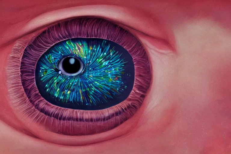 Image similar to close - up of an eye with factal stars and clouds by mary jane ansell, behance contest winner, psychedelic art,