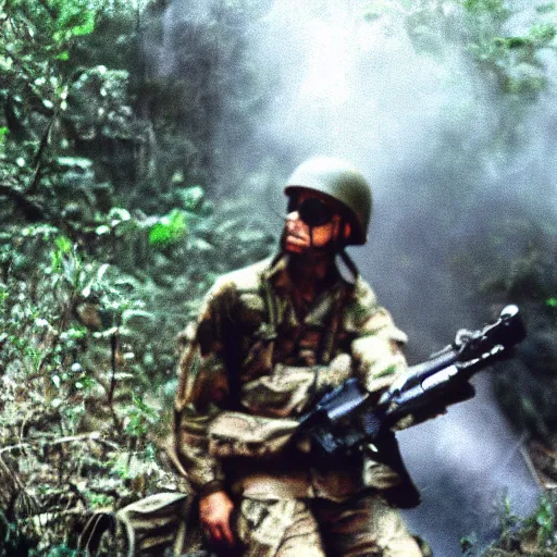 Prompt: film still, medium shot of drake in the jungle as a vietnam door gunner, apocalypse now, associated press,, 2 6 mm, kodak ektachrome, blue tint expired film