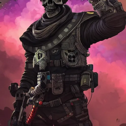 Prompt: a menacing somali space pirate with skull face paint, Apex Legends character digital illustration portrait design, by android jones, detailed, cinematic lighting, wide angle action dynamic portrait