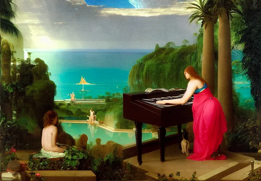 Image similar to Girl playing the palace piano, refracted sparkles, thunderstorm, greek pool, beach and Tropical vegetation on the background major arcana sky, by paul delaroche, hyperrealistic 4k uhd, award-winning, very very very detailed