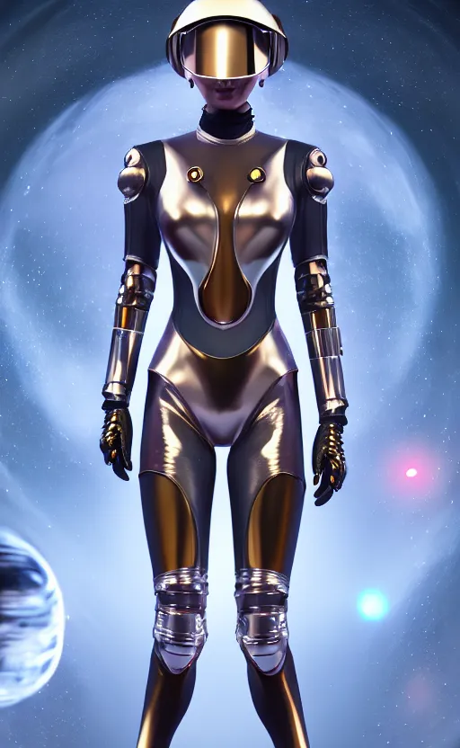 Prompt: beautiful hourglass feminine cyborg in full body skin space suit, helmet, concept art, joshua rife, photoshoot, intricate, highlydetailed, space background, artstation 4 k raytracing, shadows, highlights, illumination