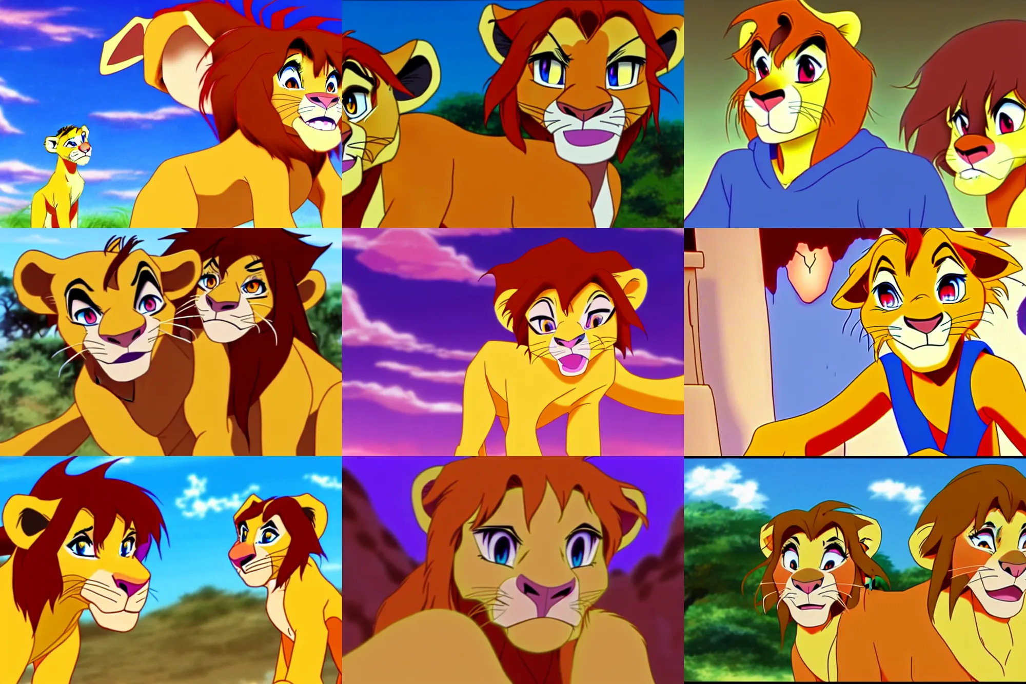 Image similar to simba from the lion king trapped in anime purgatory until he figures it's full of cringe, has a nervous breakdown, and retreats into highschool rp with his tulpas