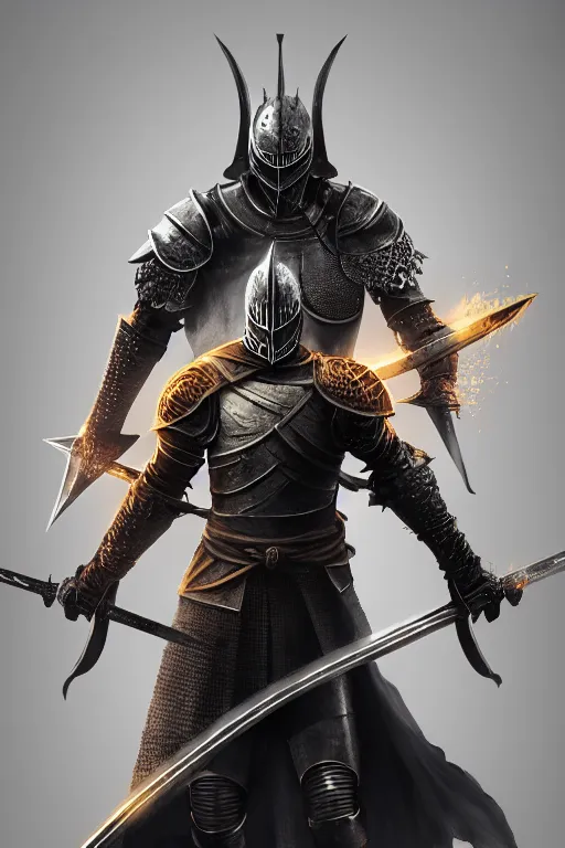 Prompt: dark souls knight holding two swords with each hand, full body, detailed intricate, award winning, highly detailed, sharp focus, cinematic lighting, golden ratio, unreal engine 5, octane render, art by wlop and artgerm and greg rutkowski, masterpiece, trending on artstation, 8 k