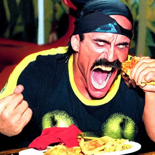 Image similar to hulk hogan crying and eating food,