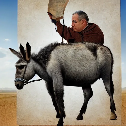 Image similar to donkey sitting on benjamin netanyahu picture, photorealistic, detailed, photograph