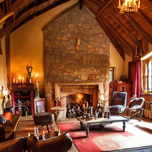 Image similar to A photograph of the Gryffindor common room, cozy arm chairs, a fire burning in the hearth, high ceilings, lit by many candles, light rays