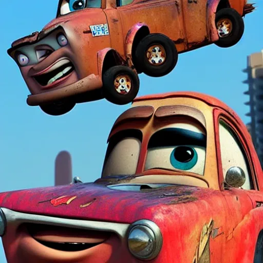 Image similar to mater from cars crashing into a building, rubble, disney pixars cars, mater, mater