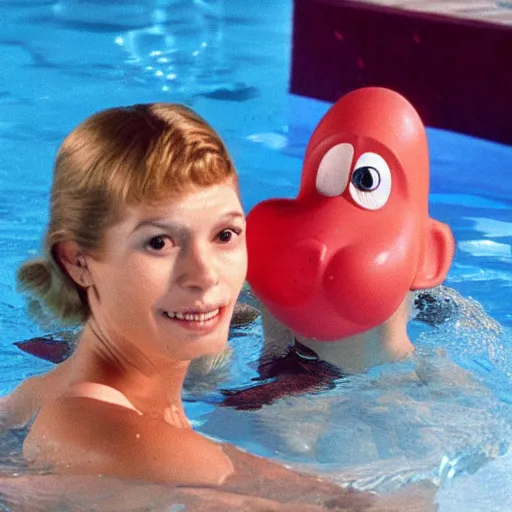 Image similar to a woman and her friend, an anthropomorphic nostril in a swimming pool, live-action children's television show, 1974, technicolor