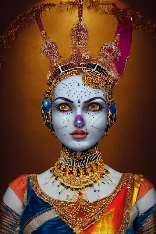 Prompt: a beautiful ultradetailed fine art portrait of a simple elegant gigeresque autonomous robot dressed as an indian classical dancer, hand gestures, by natalie shau and zach sutton, portrait, 3 5 mm lens, golden ratio composition, detailed face, biomechanical futuristic robot, studio lighting, very detailed, dressed in colorful silk, artstation, 8 k, highly coherent