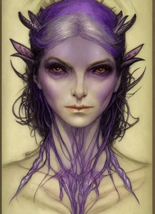 Image similar to portrait of young female sorceress of the endtimes, transluscent skin, lavender hair, beautiful! coherent! dungeons and dragons character, by brian froud, strong line, cool night color, high contrast