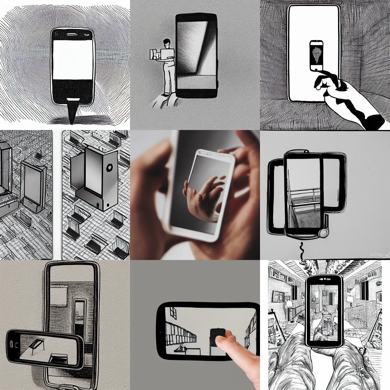 Prompt: a floating smart phone taking a picture of itself in a mirror, the phone screen has a phone in it, infinite recursion, ink drawing, in the style of m. c. escher