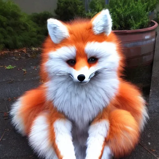 Image similar to extremely fluffy fox fursuit, cute, photo