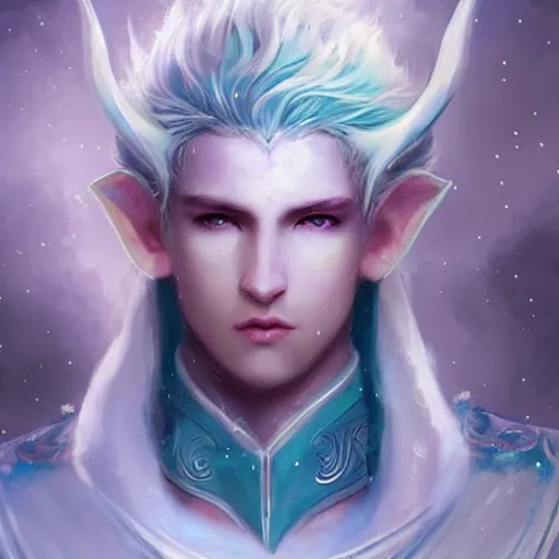 Image similar to handsome male snow elf in a turquoise cape and silver ornate armour, highly detailed face, albino skin, pointed ears, ethereal opalescent mist, moonlight snow, fantasy art, perfect face, elegant, very coherent symmetrical artwork, atmospheric lighting, rule of thirds, by wenjun lin, krenz cushart, charlie bowater, trending on artstation