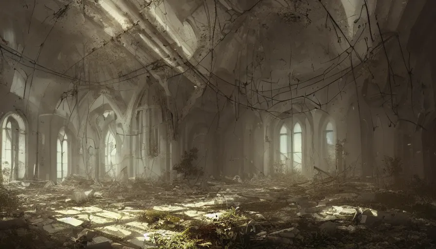 Prompt: abandoned white church, dust particles, vegetation, collapsed ceiling, bell falling to the ground, destructionn brught light, hyperdetailed, artstation, cgsociety, 8 k