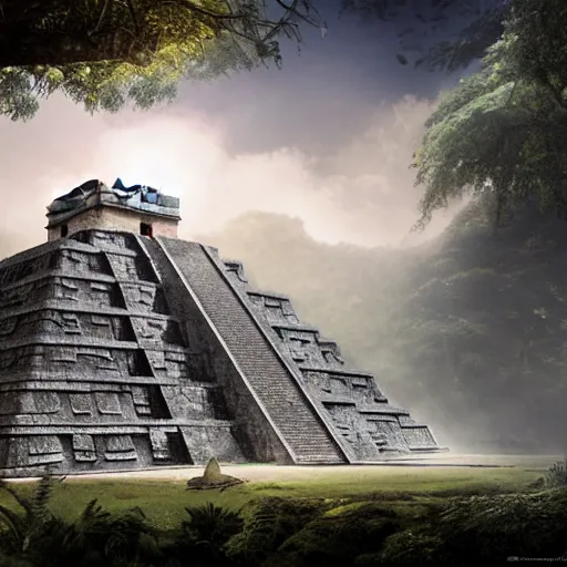 Prompt: mayan temple in the jungle, by tom bagshaw, sunlit, mist, octane render