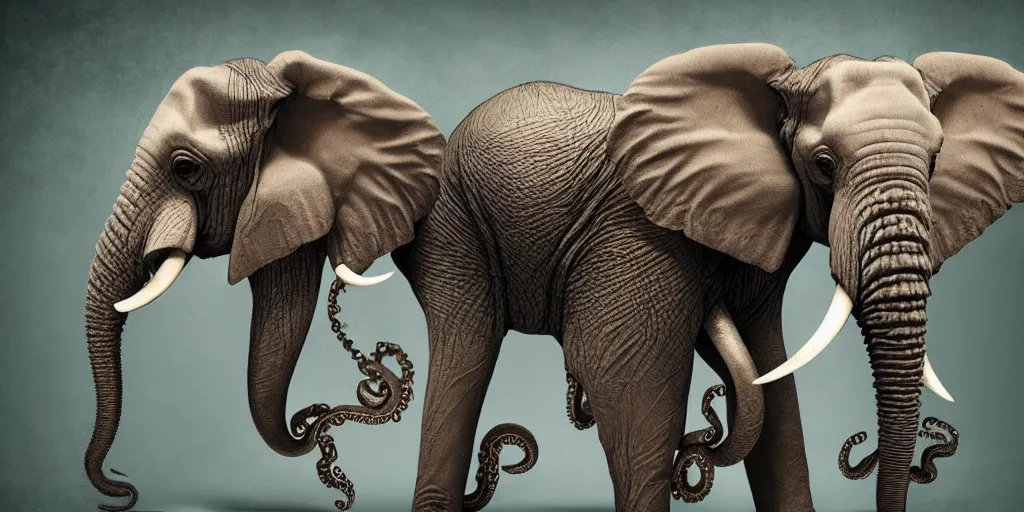Image similar to elephant with multiple trunks that are octopus tentacles, photorealistic