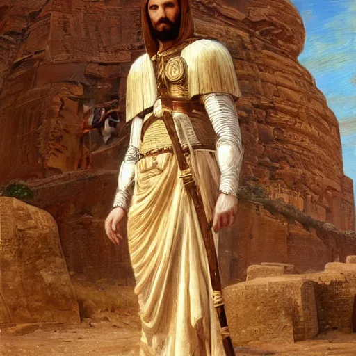 Prompt: orientalist portrait of an aged knight standing in front of petra ruins in jordan intricate artwork by Fabio Fabbi and john william waterhouse and Edwin Longsden Long and Nasreddine Dinet and Theodore Ralli trending on artstation, very coherent symmetrical artwork high detail 8k