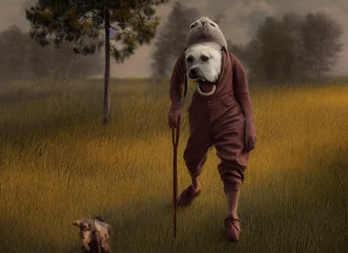 Prompt: landscape, a realistic portrait and realism, a humanoid mutant dog, walking in 1 9 3 0 s clothes, fine art, horror, sharp focus, ten flats, digital art, bright colors, trending on artstation, unreal engine.