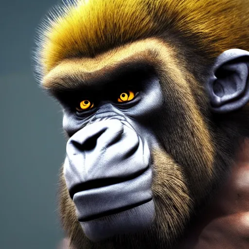 Prompt: angry tough gorilla, punk gorilla with mohawk hair. interesting 3 d character concept by tiger hkn and gediminas pranckevicius, maplestory, game art, hyper detailed, character modeling, cartoon, cinematic, ray tracing, fur details, maya, c 4 d