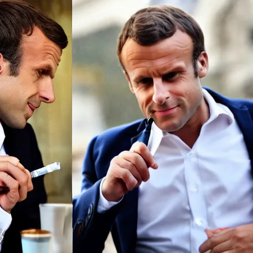 Image similar to macron smoking a hand - rolled cigarette next to a mercedes