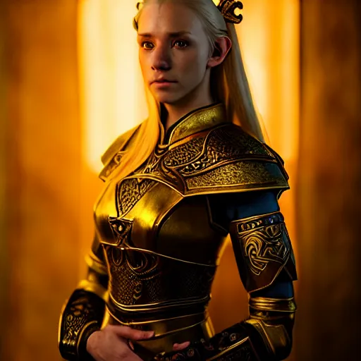 Image similar to the elder scrolls vi, charismatic regal blonde high elf female jarl, portrait, exquisitely designed throne room, atmospheric lighting, painted, intricate, volumetric lighting, beautiful, daytime, slight overcast, sharp focus, deep colours, ultra detailed, by leesha hannigan, ross tran, thierry doizon, kai carpenter, ignacio fernandez rios