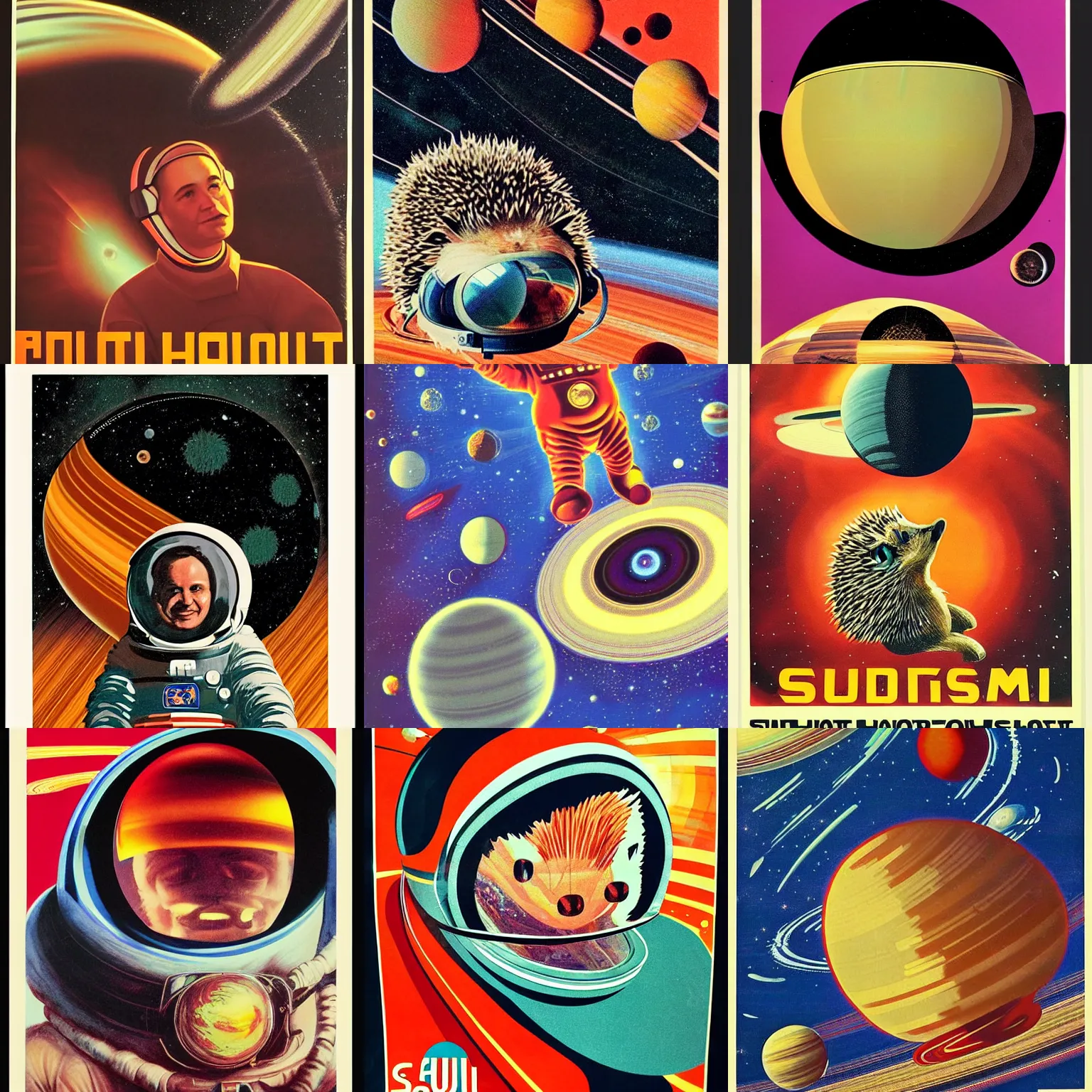 Prompt: Hedgehog cosmonaut portrait, planet saturn, 60s poster, 1972 Soviet