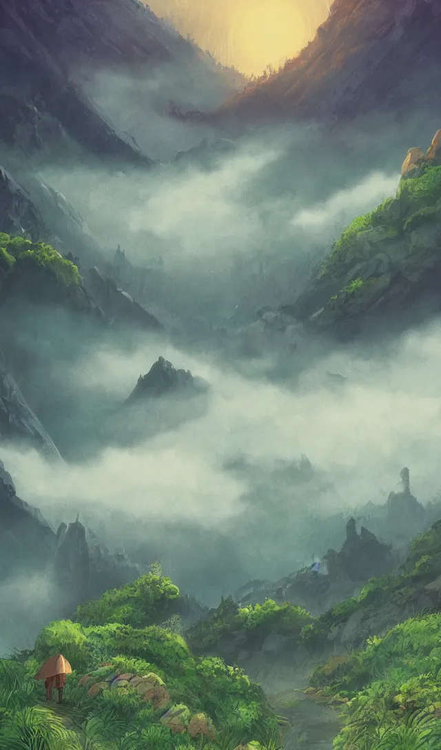 Prompt: magical landscape, mountains, misty, in the style of studio ghibli, high detail