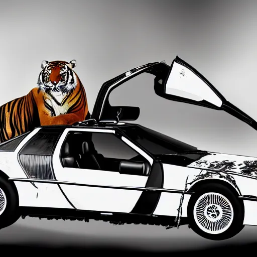 Image similar to a tiger inside of a delorean,