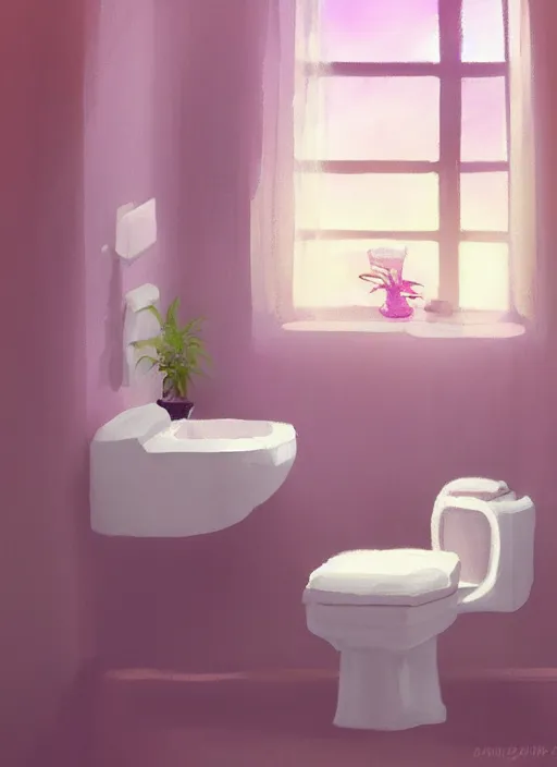 Image similar to placid pastel morning cute cluttered painterly fluffy tiny cramped bathroom trending on pixiv