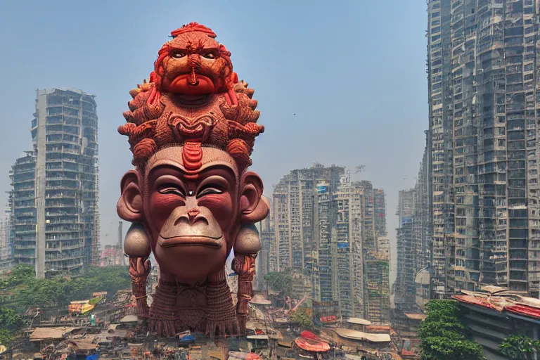 Image similar to high quality 3 d cyberpunk biomorphic hanuman head building in the middle of mumbai!!, kalighat highly detailed, cinematic smooth, stephen shore & john j. park, soft morning light, wide shot, high angle, uhd 8 k, deep focus