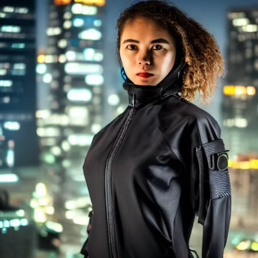 Image similar to photographic portrait of a techwear woman, closeup, on the rooftop of a futuristic city at night, sigma 85mm f/1.4, 4k, depth of field, high resolution, 4k, 8k, hd, full color