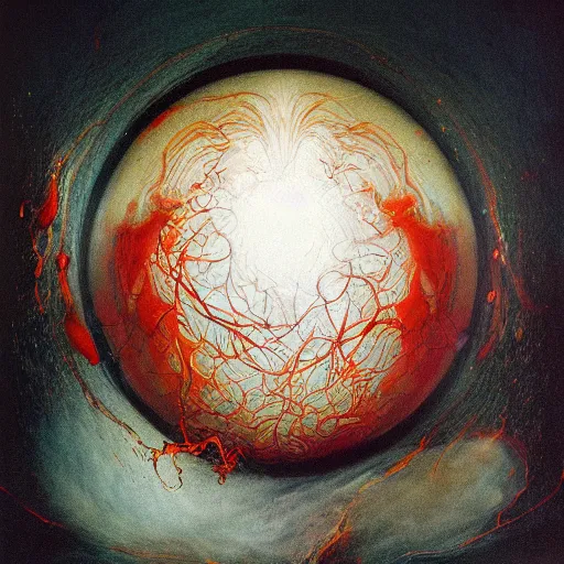 Prompt: a sphere being devoured by abstract splatters of white paint in the style of francis bacon, venus being engulfed in white flames in the style of james jean, surreal, beksinski, high detailed