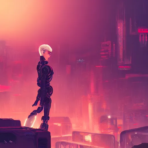 Prompt: character with short white hair, robotic arm, city in background, neonpunk, dystopian, scifi, intricate, detailed red lighting, digital art, trending on artstation