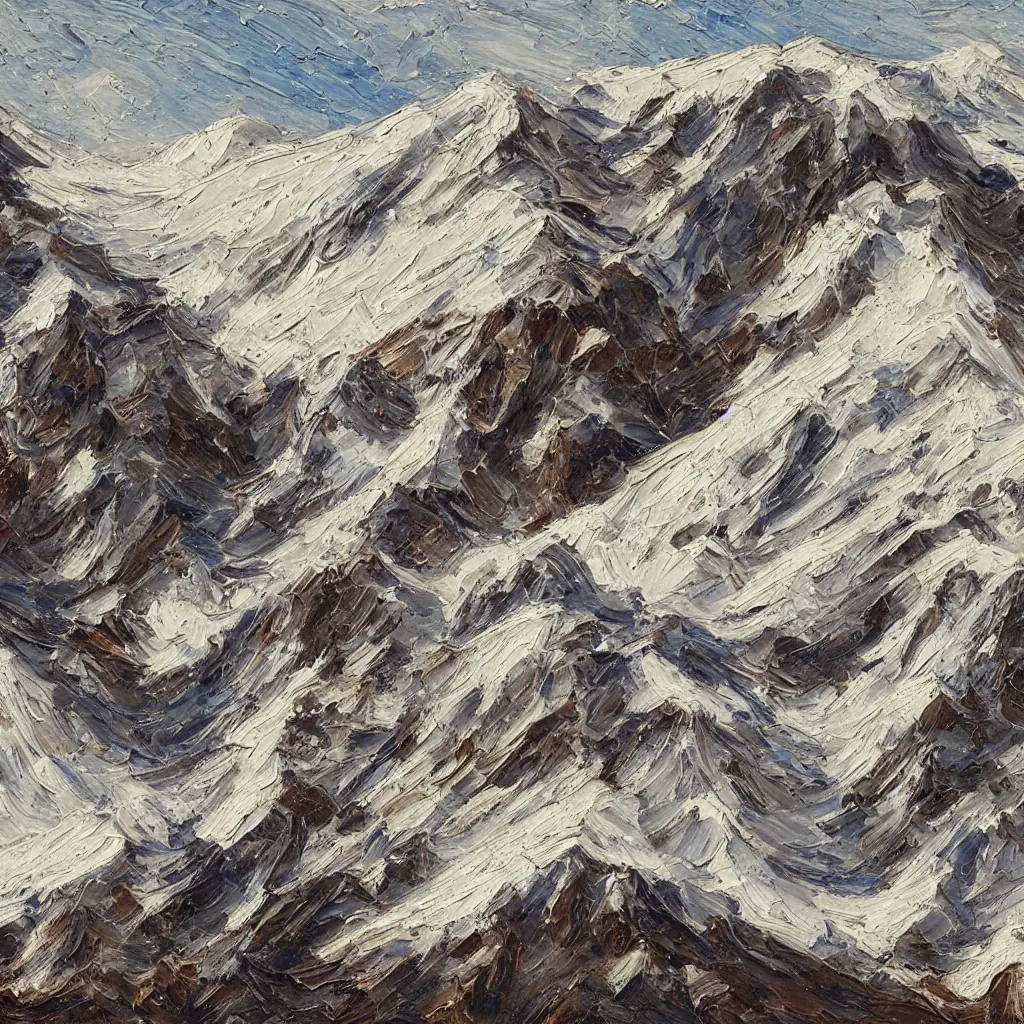Prompt: texture of 3d high relief painting of jagged snow topped mountains seen from directly above ,painted in the style of the old masters, painterly, thick heavy impasto, expressive impressionist style, painted with a palette knife