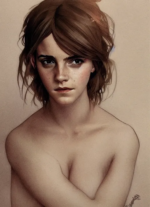 Prompt: emma watson giving seductive look. beautiful detailed face. by artgerm and greg rutkowski and alphonse mucha