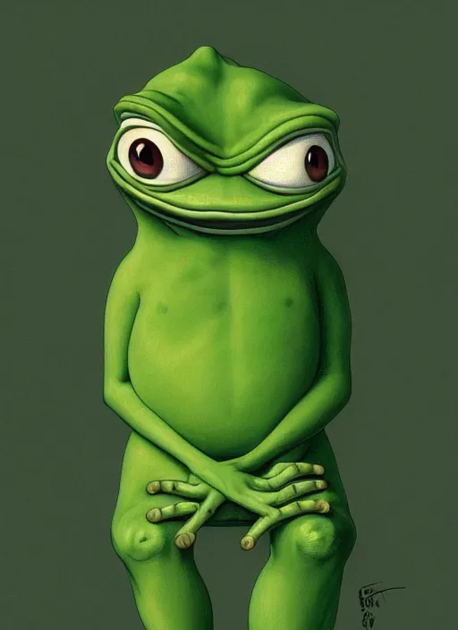 Image similar to depressed pepe the frog!!!, sad, portrait, intricat, highly detailed, digital painting, artstation, concept art, wallpaper, smooth, sharp focus, illustration, art by matt furie and artgerm and greg rutkowski and alphonse mucha