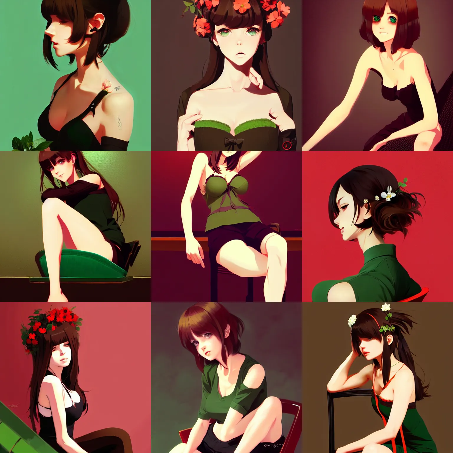 Prompt: sexy woman with brown hair and green eyes, wearing a camisole, flower in her hair, sitting on a chair, red and black color palette, in the style of and ilya kuvshinov and greg rutkowski, high quality anime artstyle, intricate