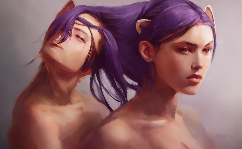 Image similar to a painting of swervy trending on artstation in the style of greg rutkowski, beautiful, sensual, natural skin, cat ears, purple eyes