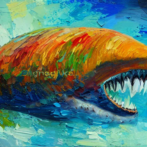 Prompt: megalodon, modern, impressionist, highly textured landscape, palette knife, layered, sculptured, dynamic, oil on canvas