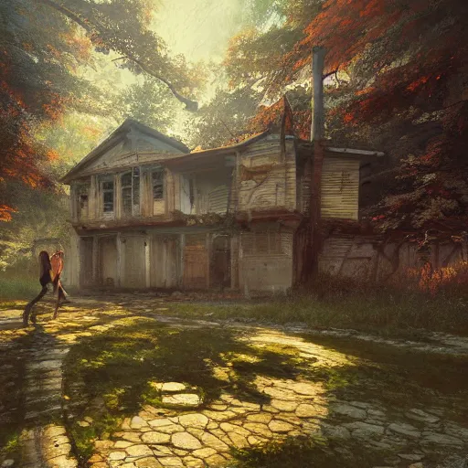 Prompt: a ultra detailed beautiful painting of a man exploring an abandoned house in a forest, oil panting, high resolution 4 k, by ilya kuvshinov, greg rutkowski and makoto shinkai