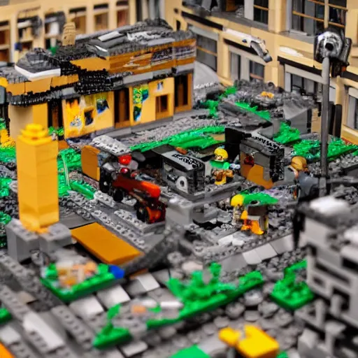 Prompt: post - apocalyptic lego - city, very detailed photo, ambient light, grotesque mood