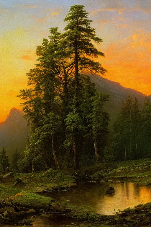 Image similar to the green mountains sunset painting by ivan shishkin