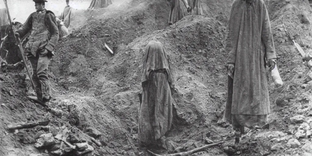 Image similar to scary unproportionable tall ghost creature in the middle of a trench, 1900s picture