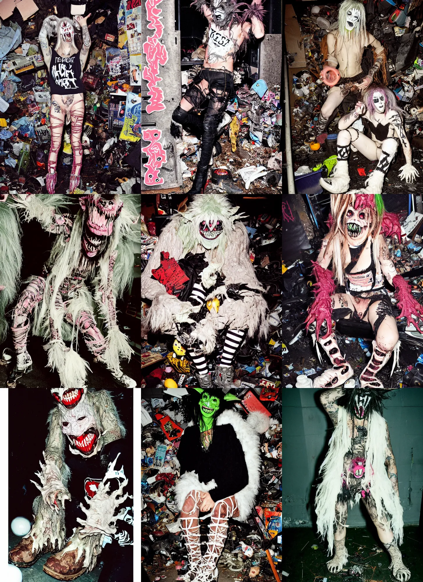 Image similar to photo of lace monster goblin wearing ripped up dirty Swear kiss monster teeth yeti platform boots in the style of Ryan Trecartin in the style of 1990's FRUiTS magazine 20471120 in japan in a dirty dark dark dark poorly lit bedroom full of trash and garbage server racks and cables everywhere in the style of Juergen Teller in the style of Shoichi Aoki, japanese street fashion, KEROUAC magazine, Walter Van Beirendonck W&LT 1990's, Vivienne Westwood, y2K aesthetic