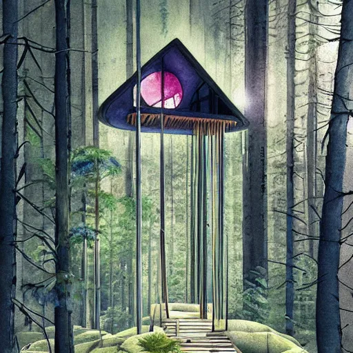 Prompt: Ramped Entrance - 'Woodnest' Cabin Is a Tiny Self-Supported Tree House in This overgrown futuristic sci-fi Norwegian Forest, Nice colour scheme, soft warm colour. Studio Gibli. Beautiful detailed watercolor by Lurid. (2022)